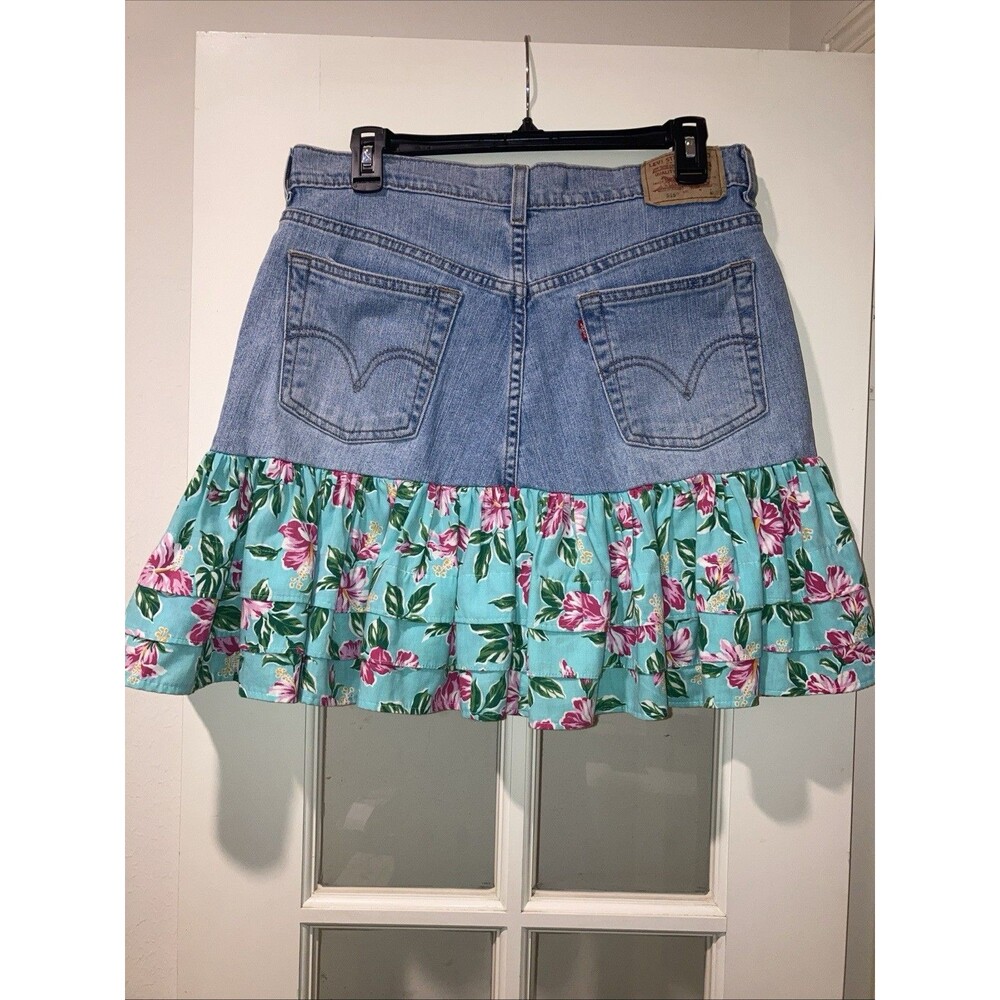 Levi’s Denim Mini Skirt 10 Upcycled Floral Ruffle Y2K Twee Festival Rodeo Boho - Picture 6 of 11